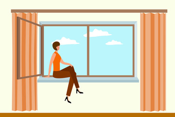 The girl is sitting by the window.Freelance, remote work.Flat vector illustration.