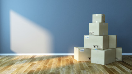 Move, relocation concept - cardboard boxes in new empty apartment room - 3d rendering