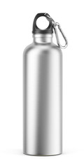 Silver Empty Glossy Metal Thermos Water Bottle with Metal Carabine Hook Isolated on White Background. Packaging Mockup Template For Your Design. 3d rendering