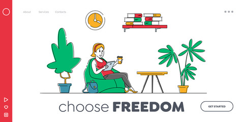Remote Freelance Work Landing Page Template. Woman Freelancer Sit in Beanbag Armchair with Coffee Cup Working Distant on Tablet. Creative Employee Character Work at Home. Linear Vector Illustration