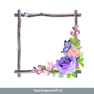 Vector of Floral Watercolor style on branch frame.