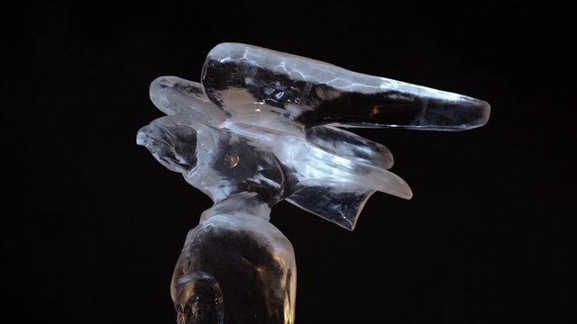 Ice sculpture of bird on male head. Characters from peoples myths. Ice Sculptures in Russia. Sculptures In The Ice town at night.