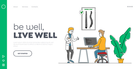 Scoliosis and Spine Deformation Landing Page Template. Man Sitting at Desk in Correct Posture Doctor Character Show Thumb Up at Human Skeleton Backbone Curvature. Linear People Vector Illustration
