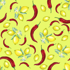 lemons and chili peper seamless pattern