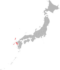 Fototapeta na wymiar Nagasaki province highlighted red on Japan map. Gray background. Perfect for business concepts, backgrounds, backdrop, sticker, banner, poster, label, chart and wallpaper.