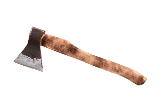 old shabby wooden axe on a white background