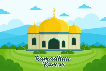 Ramadhan kareem, colorful Islamic background vector illustration with yellow mosque and nature landscape in flat cartoon style.