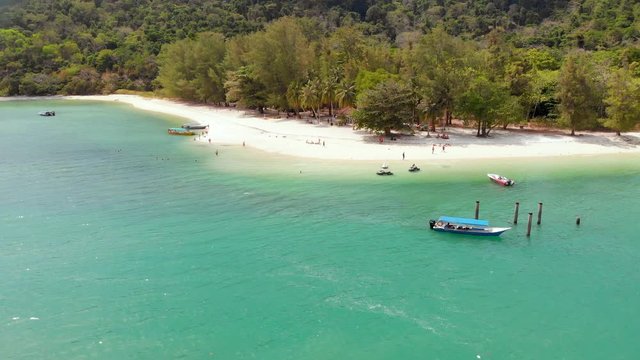 Aerial of paradise tropical island hopping for tourist in Malaysia. Langkawi beach and islands with