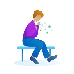 Sick man with cough isolated character. Coronavirus or influenza symptoms, diagnosis and treatment concept. Young man coughing over his hand while sitting at bench vector illustration in cartoon style