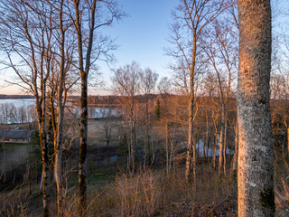 beautiful sunset landscape over the lake, charming evening colors, tree trunks in the foreground