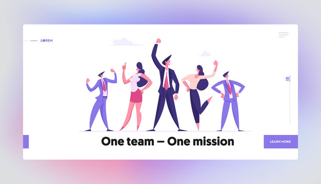 Company Teamwork Collaboration, People Rejoice Landing Page Template. Businesspeople Team Celebrate Project Development in Office. Business Characters Success Celebration. Cartoon Vector Illustration
