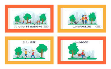 Characters Spend Time in Park Landing Page Template Set. People Walking with Pets, City Dwellers Outdoors Activity, Eating Ice Cream, Exercising. Summertime Outdoor Sport. Linear Vector Illustration