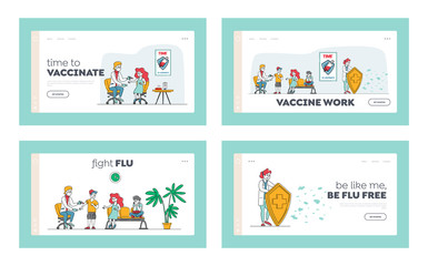 Fototapeta na wymiar Vaccination Healthcare Landing Page Template Set. Doctor Character Put Vaccine Injection to Kid. Children Get Medicine Shot from Disease, Illness Prevention, People Checkup. Linear Vector Illustration