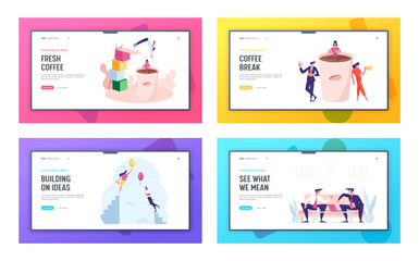 Coffee Break, Friendly Conversation and Creative Idea Landing Page Template Set. Businesspeople Character sat Huge Cup with Beverage, Partners Communication, Flight. Cartoon People Vector Illustration