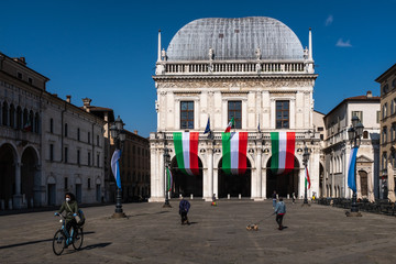 An almost empty Loggia square in Brescia (Lombardy, Italy) on the day of the 75th anniversary of Liberation Day.