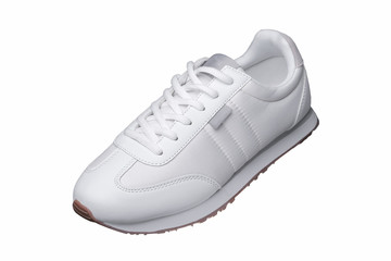 Sport shoes. White sneaker made of fabric with leather accents.