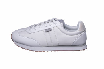 Sport shoes. White sneaker made of fabric with leather accents.