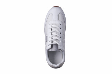 Sport shoes. White sneaker made of fabric with leather inserts top view.