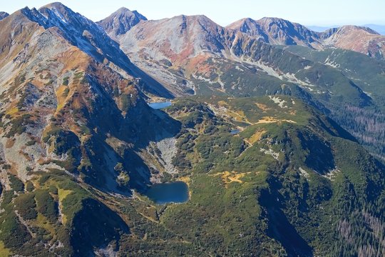 Western Tatras - Rohacske lake from the peak Volovec in autumn.