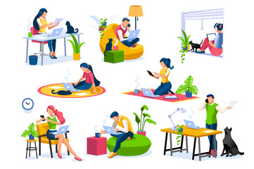 Obraz premium Trendy homes studio at woman home. Work on trendy computer in a young space working with style on laptop. Concept of working, woman isolation at home. Cartoon character on vector illustration concepts
