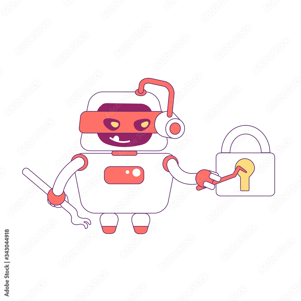 Poster hacker robot red linear object. bad bot breaking lock thin line symbol. password hacking software, a
