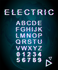 Electric glitch font template. Retro futuristic style vector alphabet set on turquoise holographic background. Capital letters, numbers and symbols. Trendy typeface design with distortion effect