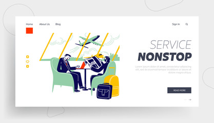 Obraz na płótnie Canvas Businessmen Characters at Airport Business Lounge Wait Flight Landing Page Template. Men Sitting on Armchairs in Waiting Area Working on Laptop, Reading Newspaper. Linear People Vector Illustration