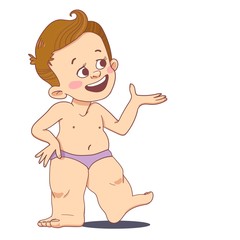 A baby in a diaper with curls on his head is leaning on one leg and points his hand to the side. 