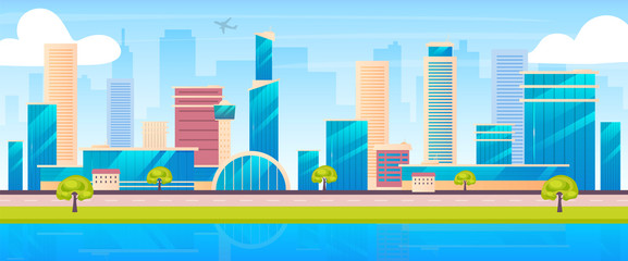 City skyline flat color vector illustration. Metropolis 2D cartoon landscape with skyscrapers on background. Modern urban architecture. Business center, residential district, downtown panorama