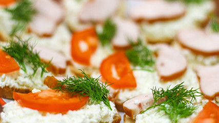 Canapes With Cottage Cheese, Tomatoes, Ham And Herbs.