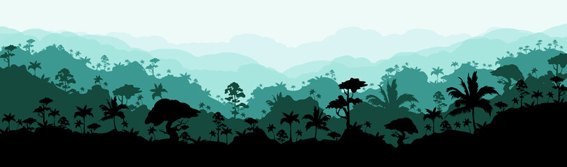Jungle flat color vector illustration. Calm forest scenery. Panoramic morning woods. Idyllic tropical nature. Wet climate environment. Rainforest 2D cartoon landscape with layers on background