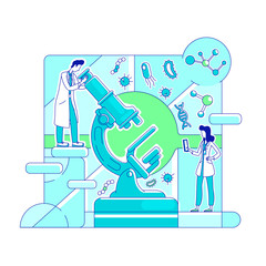 Microbiology, biotechnology thin line concept vector illustration. Lab workers, scientists with microscope 2D cartoon characters for web design. Scientific research, molecular analysis creative idea