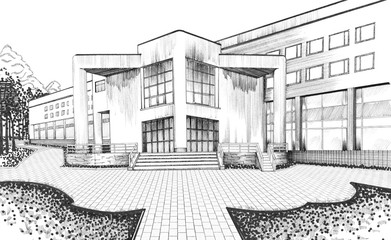 Black and white drawing of a part of the city, cityscape. Entrance to the university building on a white background. Art illustration. Black ink. © Юлия Мелешина