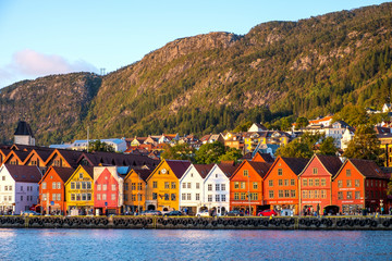 Bergen, Norway - Panoramic view of historic Bryggen district at the Bergen harbor with Floyen Mountain in background