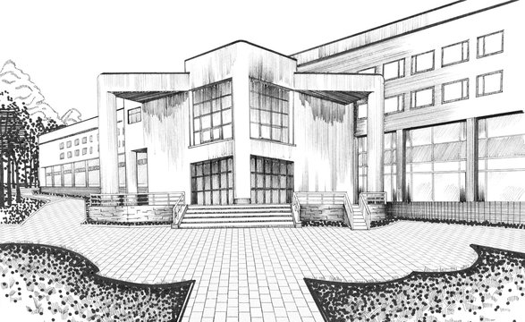 Black and white drawing of a part of the city, cityscape. Entrance to the university building on a white background. Art illustration. Black ink.
