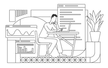 Employee writing financial report thin line vector illustration. Busy young analyst working at computer outline character on white background. Business analysis specialist simple style drawing