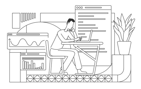 Employee writing financial report thin line vector illustration. Busy young analyst working at computer outline character on white background. Business analysis specialist simple style drawing