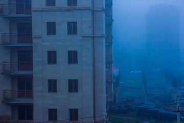 old building in the night, building on foggy weather