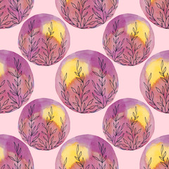 Seamless pattern with watercolor pink and yellow circles with branches and leaves art line hand-drawn sticker art creative abstract object wrapping textile