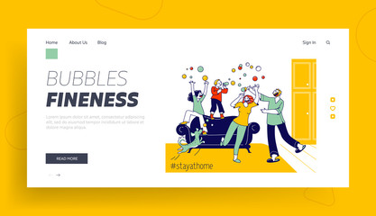 Obraz na płótnie Canvas Stay Home Concept with Mom, Dad Dog and Children Landing Page Template. Happy Family Characters Parents and Kids Blowing Soap Bubbles at Covid19 Quarantine Isolation. Linear People Vector Illustration