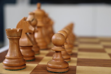 White wooden chesspieces on a board