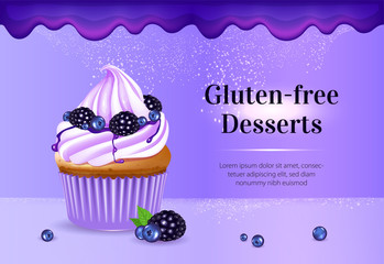 Gluten-free desserts realistic vector product ads banner template. Cupcake with berries and cream 3d mock up design. Fruit muffin advertisement horizontal printable flyer, brochure with text space
