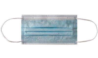 Light blue disposable medical face mask with rubber bands isolated on white background.