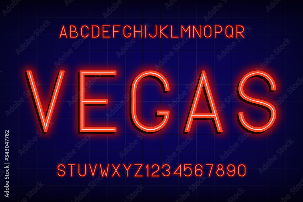 Poster neon glowing font. alphabet with english letters and numbers with neon light effect. vector illustra