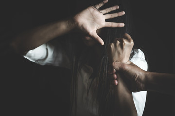 Obraz na płótnie Canvas Man physically abusing his girlfriend, help victim of domestic violence, Human trafficking, stop physical abuse women concept