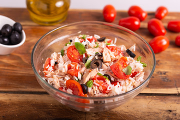 Typical summer dish, rice salad with tuna and tomatoes