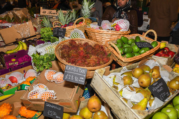 Fresh fruits in baskets at the Borough Market