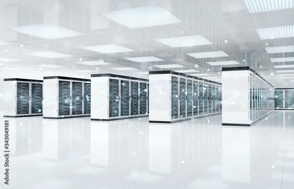 Fototapete Connection network in servers data center room storage systems 3D rendering