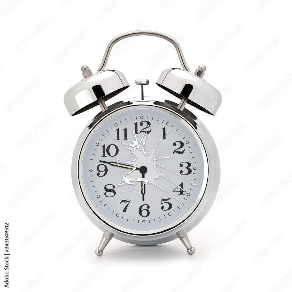 Wall mural broken alarm clock on white background