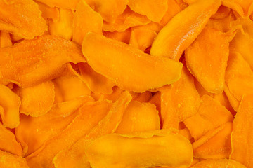 Tasty sugar mango slices background. Top view.